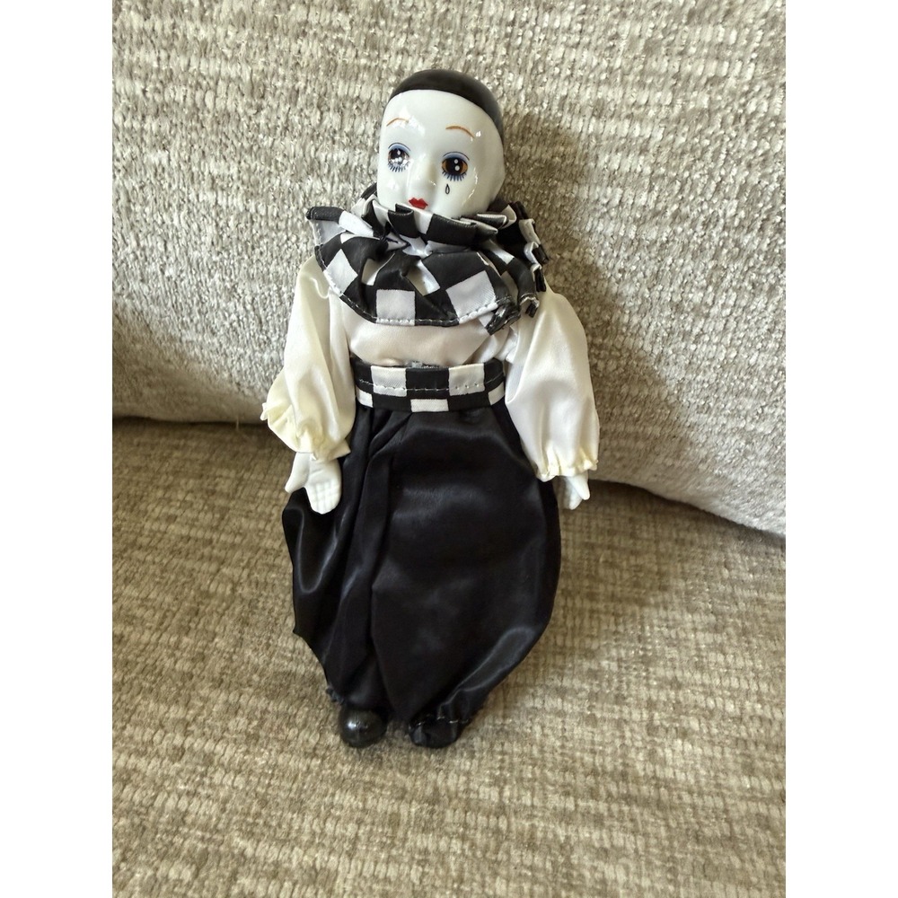 Vintage Pierrot Porcelain Clown Doll With Black & White Outfit 8" Taiwan